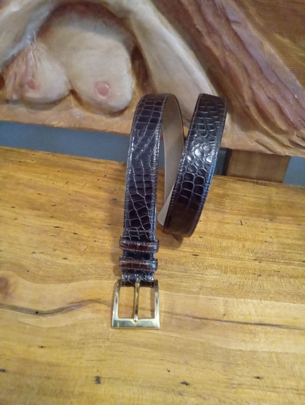 Vintage Talbots Brown Leather Crocodile Belt w/Stitch Detailing Sz L Gold Buckle